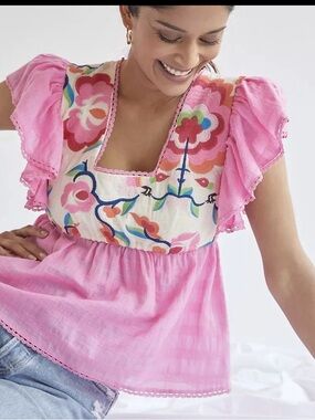 Anthropologie
Pink Floral Embroidered Square-Neck Women's Top